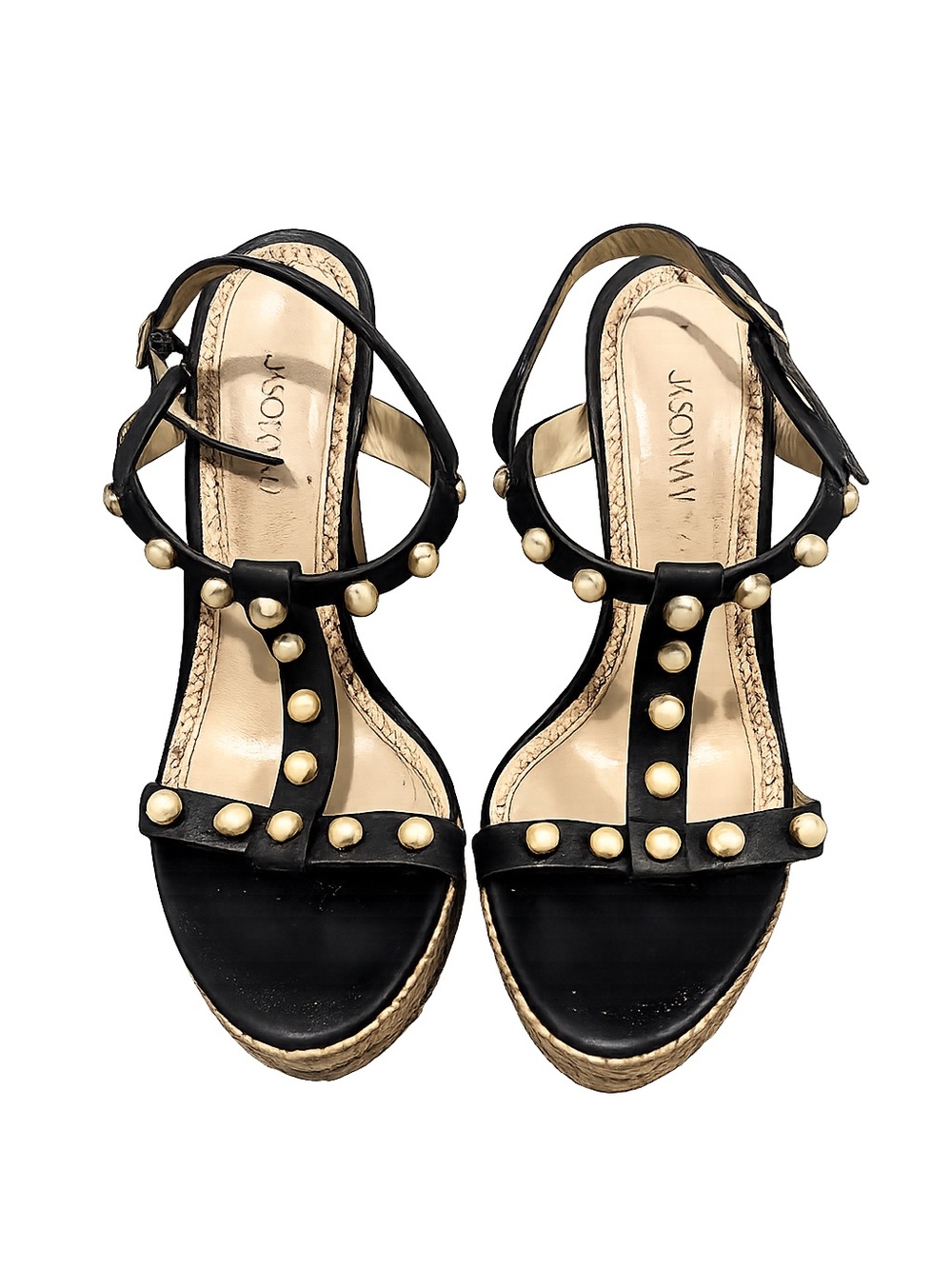 Jason Wu Black Leather T-Strap Wedge Sandals with Gold Studs